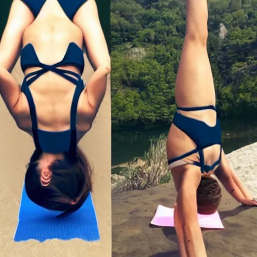 Image similar to emma watson doing a headstand yoga pose in bikini