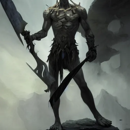 Prompt: fantasy painting of a pale man with a black blade covered in runes, painted by Bayard Wu, ultra detailed, 8k