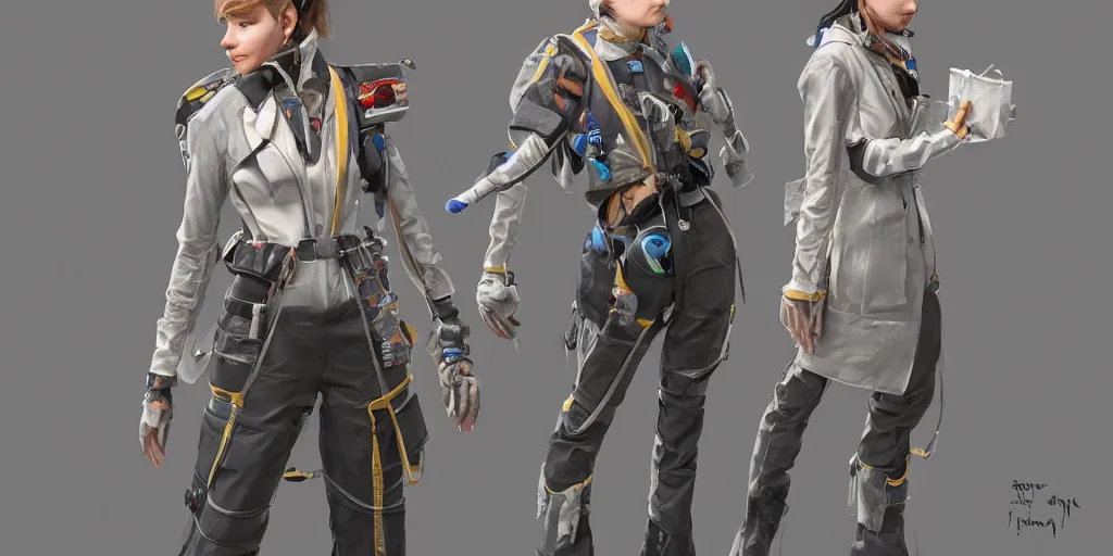 Image similar to A woman in scientist jacket with a system of straps and pouches for collecting material by Tetsuya Nomura with Ralph Horsley and Mario Testino, trending on artstation and pixiv clean sci-fi concept art and sheet that using unreal engine 5 renders and hyper detailed textures with cinematic light