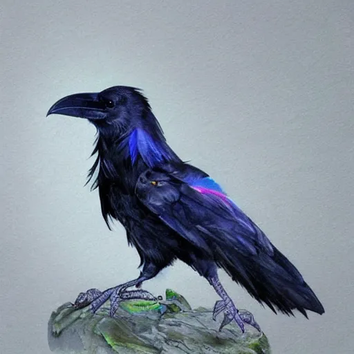 Prompt: concept art of a realistic raven with iridescent feathers
