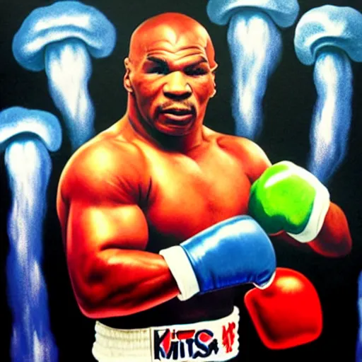 Image similar to a vivid airbrush painting of mike tyson eating a fist full of shrooms