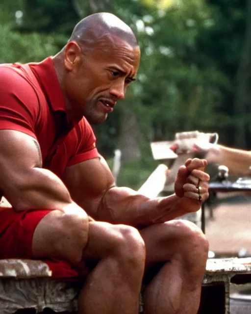 Prompt: film still close up shot of dwayne johnson as forrest gump in the movie forrest gump. photographic, photography