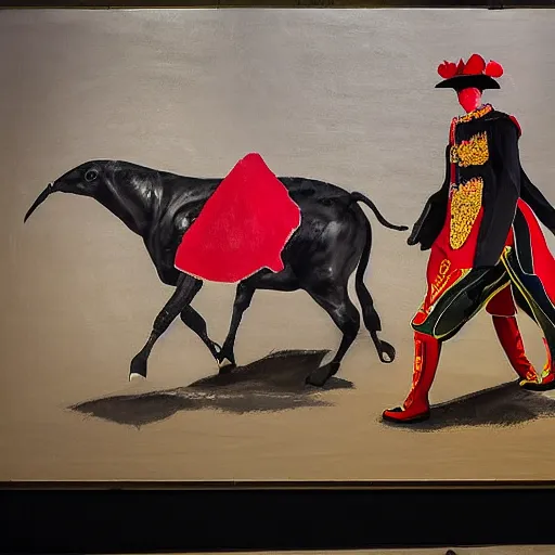 Image similar to evocative by stephanie rew. a installation art of a bullfight in spain. the installation art is set in an arena with spectators in the stands. several figures in the installation art, including a matador & a bull.