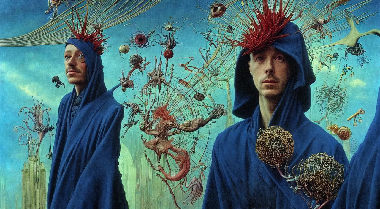 Image similar to realistic detailed portrait movie shot of a birdman wearing dark robes, sci fi city landscape background by denis villeneuve, amano, yves tanguy, alphonse mucha, ernst haeckel, max ernst, roger dean, masterpiece, rich moody colours, blue eyes, occult