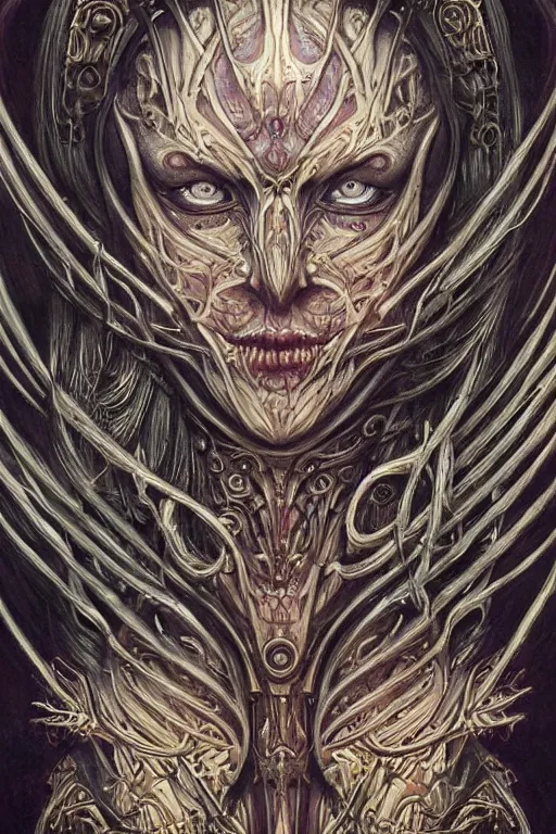 Image similar to Elden Ring and Doom themed painting of majestic chromatic biomechanical anatomical elven female hybrid beautiful ethereal angel symmetrical neutral mask closeup face tattoo pattern golden ratio concept, Neo-Gothic concept, infinity glyph waves, intricate artwork masterpiece, very coherent artwork, cinematic, full frontal facial features by Artgerm, art by H.R. Giger, Joseph Michael Linsner, Zdizslaw Beksinski, Johnatan Wayshak, Moebius, Ayami Kojima, very anatomically coherent artwork, trending on cgsociety, ultra high quality model, production quality cinema model, high detail chromatic ink outline, octane render, unreal engine 8k, hyper realism, high detail, octane render, unreal engine, 8k, High contrast