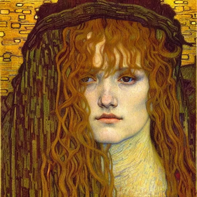 Image similar to detailed realistic beautiful young medieval queen face portrait by jean delville, gustav klimt and vincent van gogh, art nouveau, symbolist, visionary, gothic, pre - raphaelite, muted earthy colors, desaturated