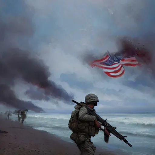 Image similar to an american soldier fighting in d - day fantastic camera engel by greg rutkowski