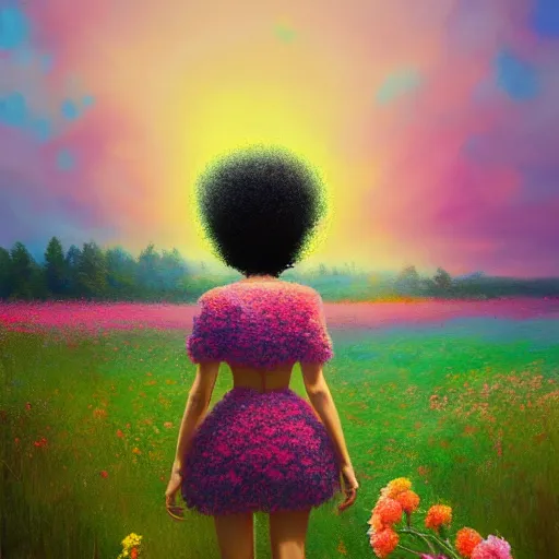 Image similar to girl with afro made of flower, standing in a field with flowers, surreal photography, hills, big trees, sunrise dramatic light, impressionist painting, colorful clouds, digital painting, pointillism, artstation, simon stalenhag