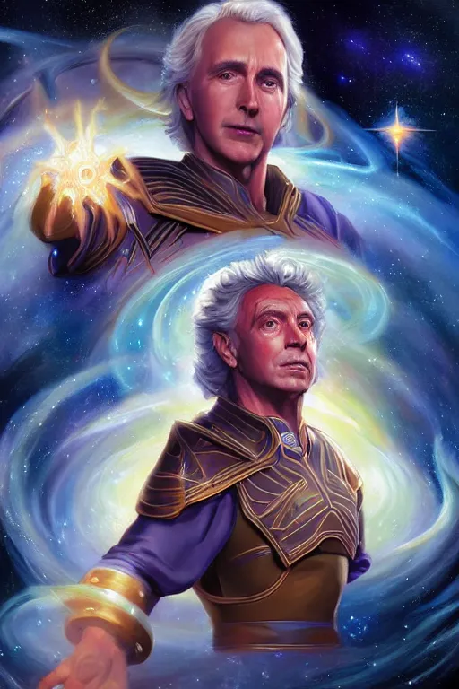 Image similar to beautiful oil painting with high detail of a astral traveller with stars and plasma in the background, hybrid from dungeons and dragons and art direction by James Cameron ;by artgerm; wayne reynolds art station; cinematic quality character render; low angle; ultra high quality model; production quality cinema model;