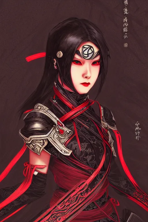 Prompt: portrait Ninja gaiden girl, armored black and red ninja wardrobe, in ruin japanese temple night, ssci-fi and fantasy, intricate and very very beautiful and elegant, highly detailed, digital painting, artstation, concept art, smooth and sharp focus, illustration, art by tian zi and WLOP and alphonse mucha