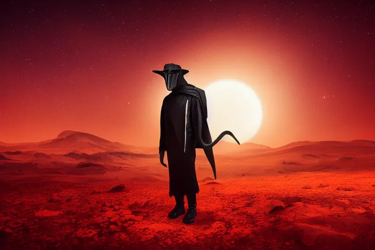 Image similar to A plague doctor standing on mars looking at camera, distant background, red lighting, ominous, gloomy, moonlight, bokeh, synthwave, psychedelic, glitch, acrylic, flooko, detailed, cybernetic, sci-fi, glows,