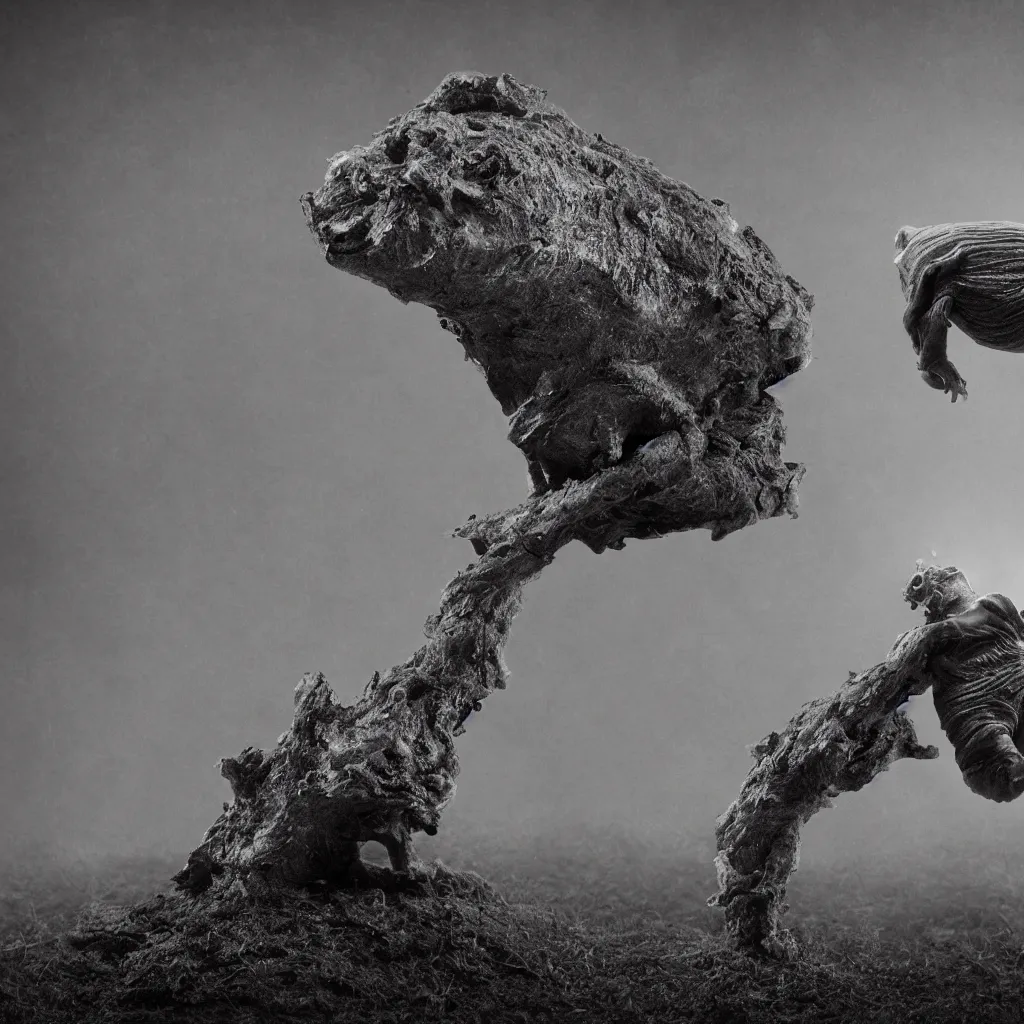 Image similar to a tardigrade in front of a dead tree placed upon a cliff, behind a fence, hazy memory, volumetric, dark black and white in the style of alvin schwartz, epic angles