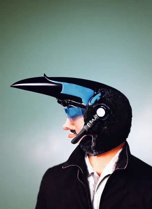 Image similar to a jet pilot with a crow head