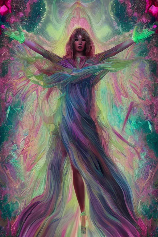 Image similar to overdetailed maximalist fullbody portrait of a beautiful female energy being transcending to her true form while floating over a surreal landscape. Made by oozium, inspired by silvio vieira, overpainted by loish. 8k 3d realistic render. Bright, sacred, spiritual, dawn, backlit, calm, relaxed, dynamic, ethereal, arcane, intricate, mysterious, dramatic, cinematic. Seen from below. Overpaint by phazed