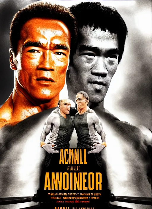 Image similar to Film poster Arnold Schwarzenegger VS Bruce lee , faces look at each other, detailed and realistic, 4k, filmic render