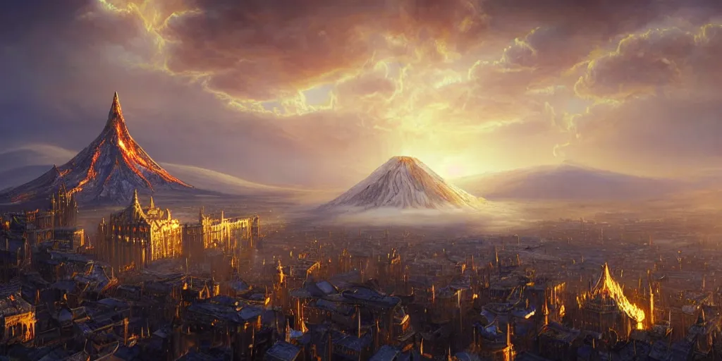 Image similar to beautiful gold fantasy city made from white stone and bright copper built on a volcano, gondor, misty, red sky, medieval city, metropolis, magic, gorgeous clouds, white marble, god rays, digital art, landscape, fantasy art, octane render, ureal engine, high detail, very realistic, by greg rutkowski. by james gurney