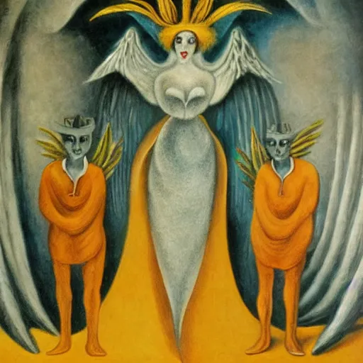 Image similar to a new, original piece by remedios varo, oil on canvas, surreal characters, angels