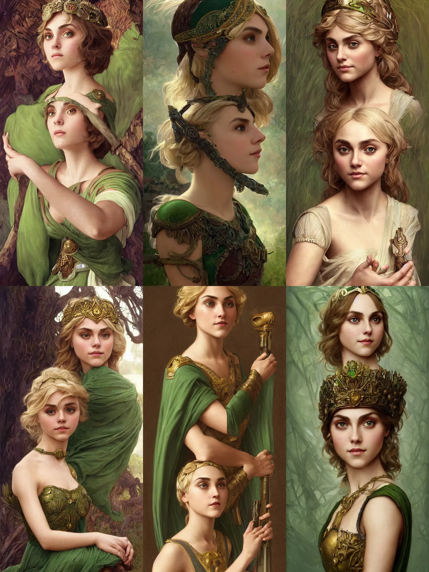 Prompt: portrait of Annasophia Robb as gaulish princess, olive skin, bowl blond haircut, beautiful bone structure, green background, intricate, elegant, highly detailed, digital painting, artstation, concept art, smooth, sharp focus, illustration, art by artgerm and greg rutkowski and alphonse mucha and bouguereau