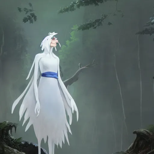 Image similar to concept art painting of an anthropomorphic humanoid white raven wearing dark blue robes, in the deep forest, realistic, detailed, cel shaded, in the style of makoto shinkai and greg rutkowski and james gurney