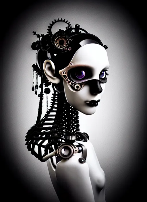 Prompt: black and white dreamy foggy gothic masterpiece profile face portrait, one steampunk eye biomechanical beautiful young female cyborg - robot, body ribs meshes, big monocular, volumetric light, hibiscus flowers, by hg giger, rim light, by dora maar, big gothic fashion pearl embroidered collar, 8 k