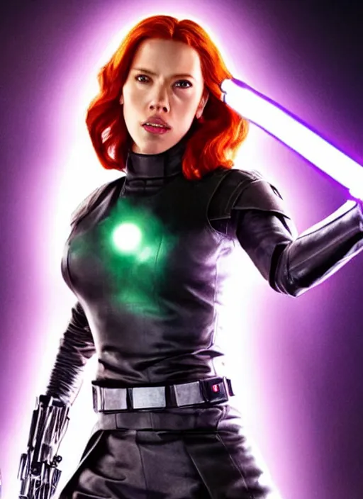 Image similar to scarlett johanson portraying a beautiful mara jade from star wars legends, in a black suit holding a purple lightsaber, movie, hyper realistic, hollywood promotional image, imax, 8 k