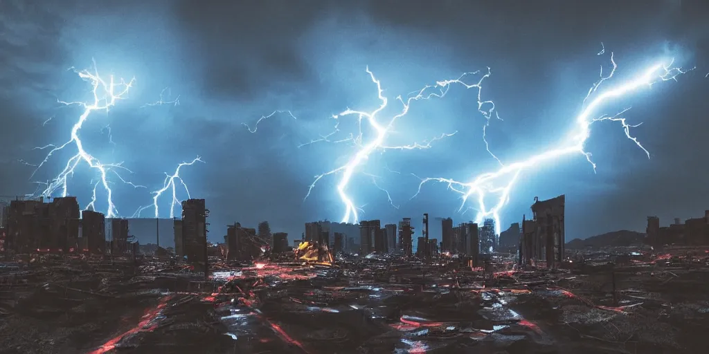 Prompt: post apocalyptic landscape lightning buildings neon lasers