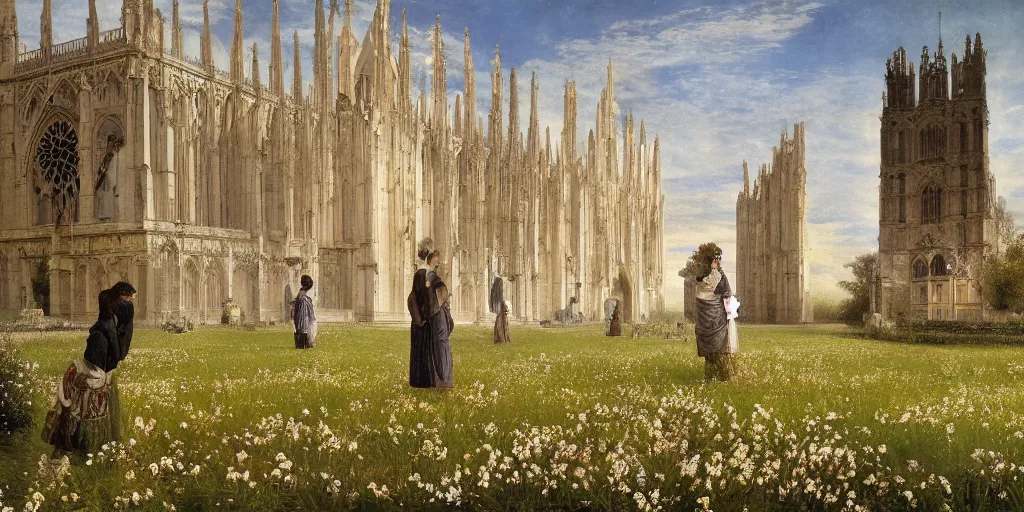 Image similar to a cathedral made of marble within a wildflower meadow at dawn, droste effect, in the style of alma tadema