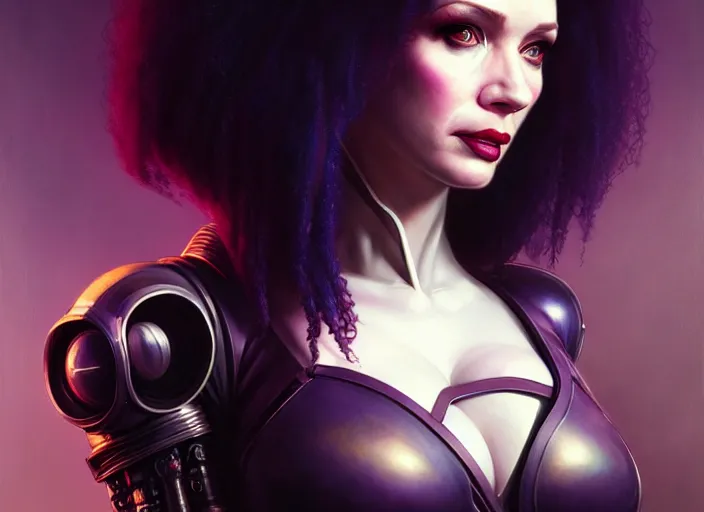 Image similar to portrait shot of a christina hendricks wearing cyberpunk clothing in cyberpunk 2 0 7 7, intricate, elegant, highly detailed, centered, digital painting, artstation, concept art, smooth, sharp focus, illustration, artgerm, tomasz alen kopera, peter mohrbacher, donato giancola, joseph christian leyendecker, wlop, boris vallejo