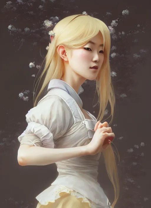 Prompt: portrait of a beautiful japanese girl with blonde hair dressed as a french maid, elegant, highly detailed, digital painting, 8 k, concept art, smooth, sharp focus, illustration, ethereal, misty, octane render, by ruan jia and zeen chin and greg rutkowski and alphonse mucha