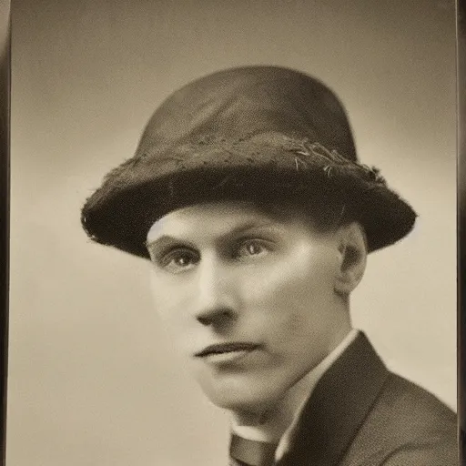 Image similar to A photograph portrait of Jerma985 wearing a homburg hat in the early 1920s, taken in the early 1920s, grainy, taken on a early 1900s Kodak Camera, realistic, hyperrealistic, very realistic, highly detailed, very detailed, extremely detailed, detailed, digital art, trending on artstation