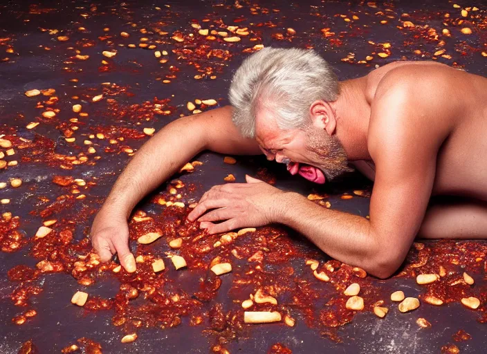 Image similar to jerry springer tv show a man yelling at a pile of nasty chili spilled on the floor, chunky sloppy fat men no shirts slipping in chili on the floor, wet, studio, extremely detailed, portraits, 4 k, hd