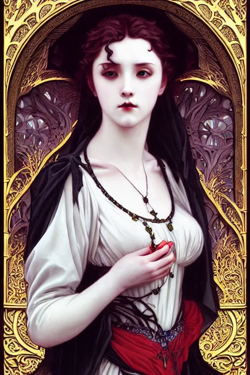 Prompt: majestic gothic vampire porcelain skin girl movie poster, art style by edmund leighton, artgerm, alphonse mucha, graffiti street art, iconic, masterpiece, organic painting, hard edges, ornate and hyper detailed