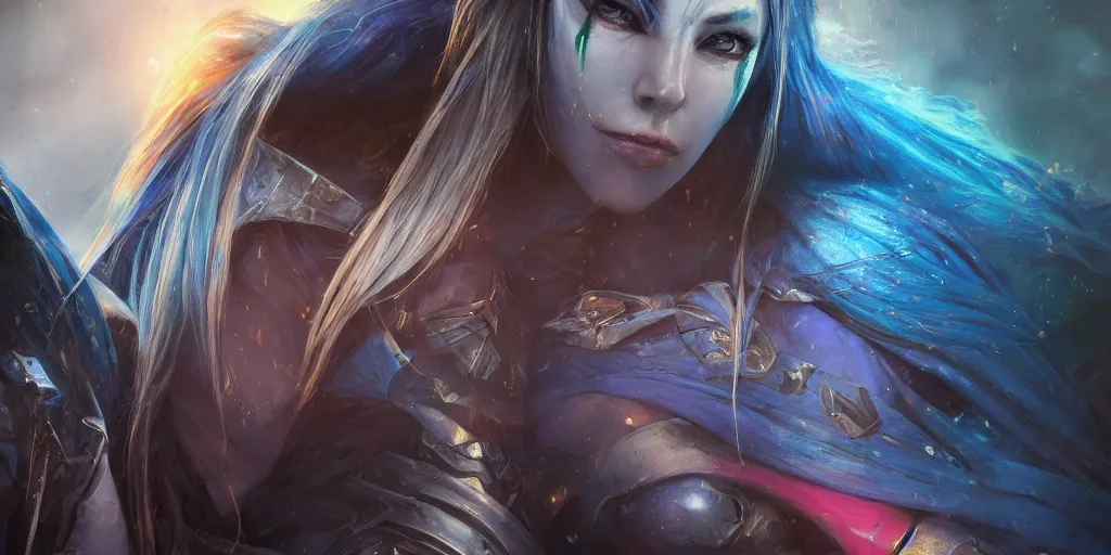 Image similar to ( ( ( ( ( hyperrealist distant portrait of sylvanas windrunner on a blue planet where it rains colors. ) ) ) ) ) by bayard wu, fantasy, photorealistic, octane render, unreal engine, dynamic lighting, trending on artstation, poster, volumetric lighting, very detailed faces, 4 k, award winning