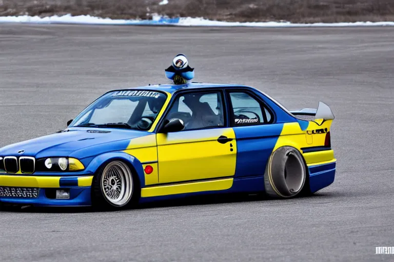 Image similar to minion drifting an e36 bmw