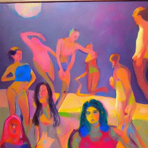 Prompt: “springbreak party, oil painting by mark tennant”