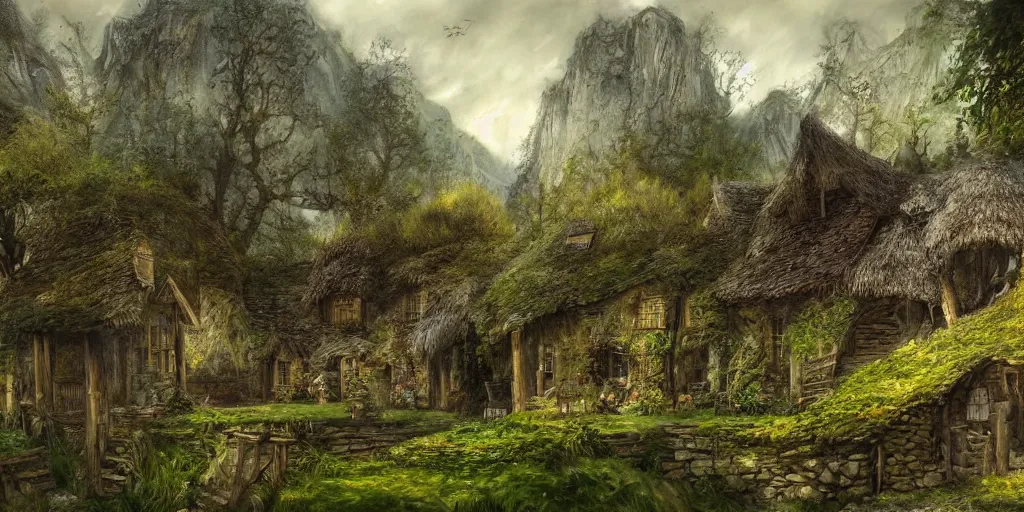 Image similar to a small serene fantasy village on the edge of the woods, by alan lee, lord of the rings, smooth, detailed terrain, oil painting, matte painting, concept art, trending on artstation