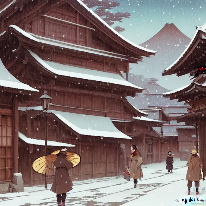 Prompt: japanese rural town, no people, winter, in the style of studio ghibli, j. c. leyendecker, greg rutkowski, artem