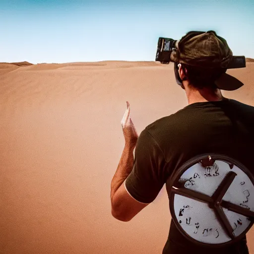 Prompt: a high resolution photo of a beautiful muscular fish watching the end of the universe in the desert