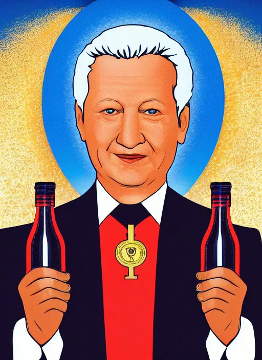 Prompt: president yeltsin with a bottle of vodka, icon with a halo, color art in a church style