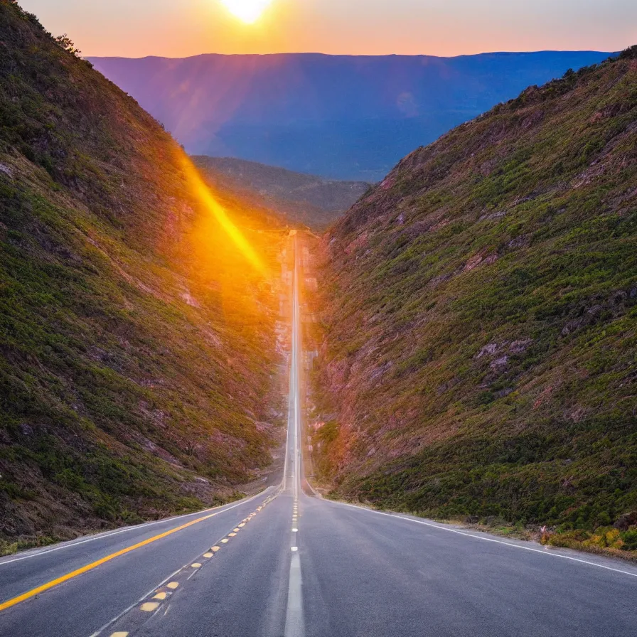 Prompt: a highway road leading to the horizon down a rocky mountain coast, the sunset is a pulsating heart of light. atmospheric good vibes