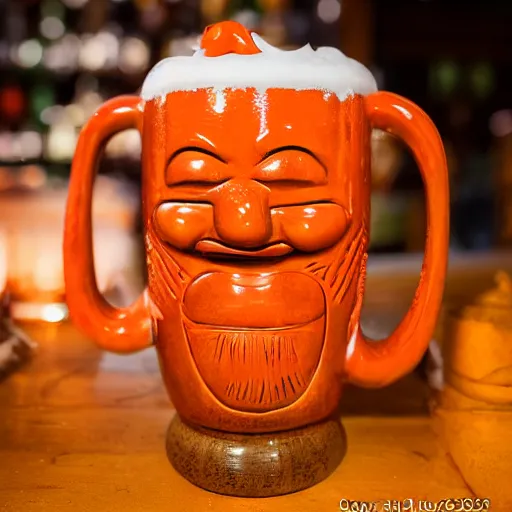 Image similar to a closeup photorealistic photograph of a glossy orange cat garfield style tiki mug sitting at a trader vic's bar featuring garfield's face. tiki party. bright scene. fine detail. this 4 k hd image is trending on artstation, featured on behance, well - rendered, extra crisp, features intricate detail, epic composition and the style of unreal engine.