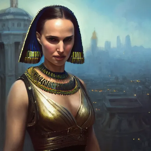 Prompt: closeup portrait of natalie portman as cleopatra, city background, dramatic light, gorgeous view, depth, high detail, digital art, painted by greg rutkowski and seb mckinnon, trending on artstation