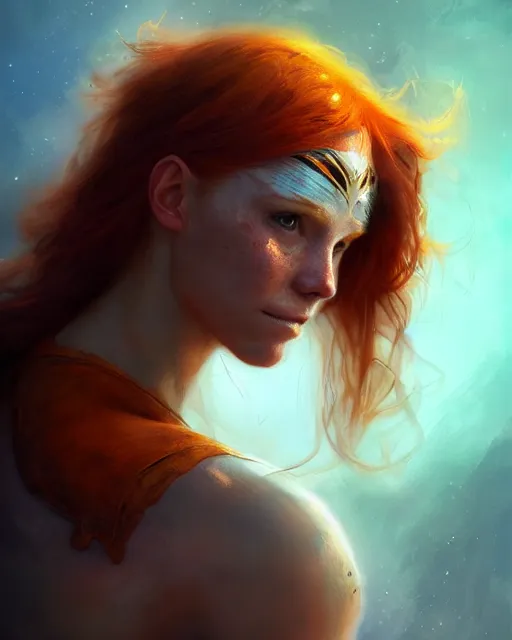 Prompt: female superhero, perfect face, halter top, ginger hair, abs, cinematic, freckles, stunning, cape, athletic, strong, agile, highly detailed, psychedelic, digital painting, artstation, smooth, hard focus, illustration, art by jessica rossier and and brian froud