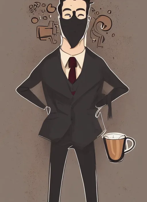 Prompt: coffee man - productivity super hero character, digital illustration of a male with a steaming mug of coffee for a head, wearing a tailored suit with the coat unbuttoned, trending on arstation by artgerm and mucha