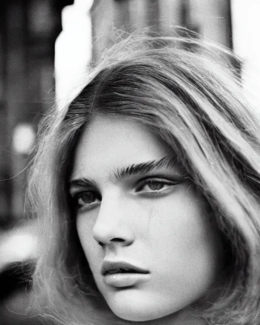 Image similar to photography from 7 0 s, close - up portrait of young fashion model face, soft light, golden hour, in style of street photography from 1 9 7 0