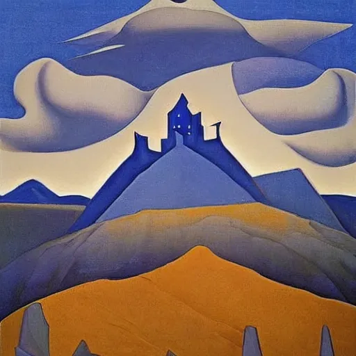 Image similar to A castle in the mountains by Nicholas Roerich, by Georgia o Keeffe