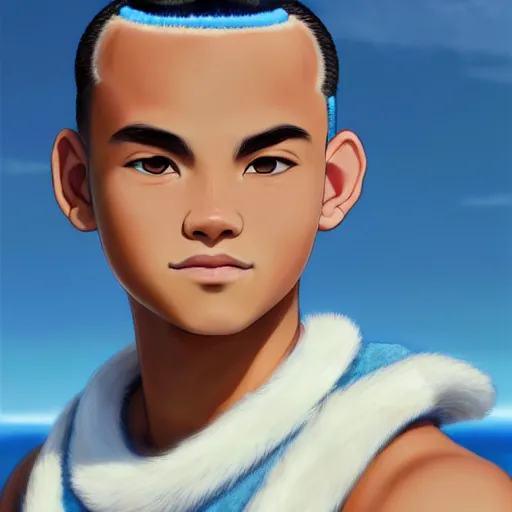 Image similar to beautiful serene intricate portrait of sokka from the water tribe as an inuit young man, dark hair, light blue eyes, smiling softly, relaxing on the beach, golden hour, soft focus, 8 k, art by irakli nadar, hyperrealism, hyperdetailed, ultra realistic