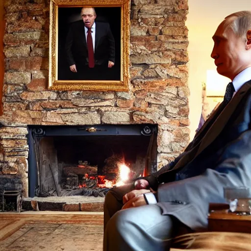 Prompt: vladimir putin in a waistcoat staring at a log fire photograph, dslr, rule of thirds