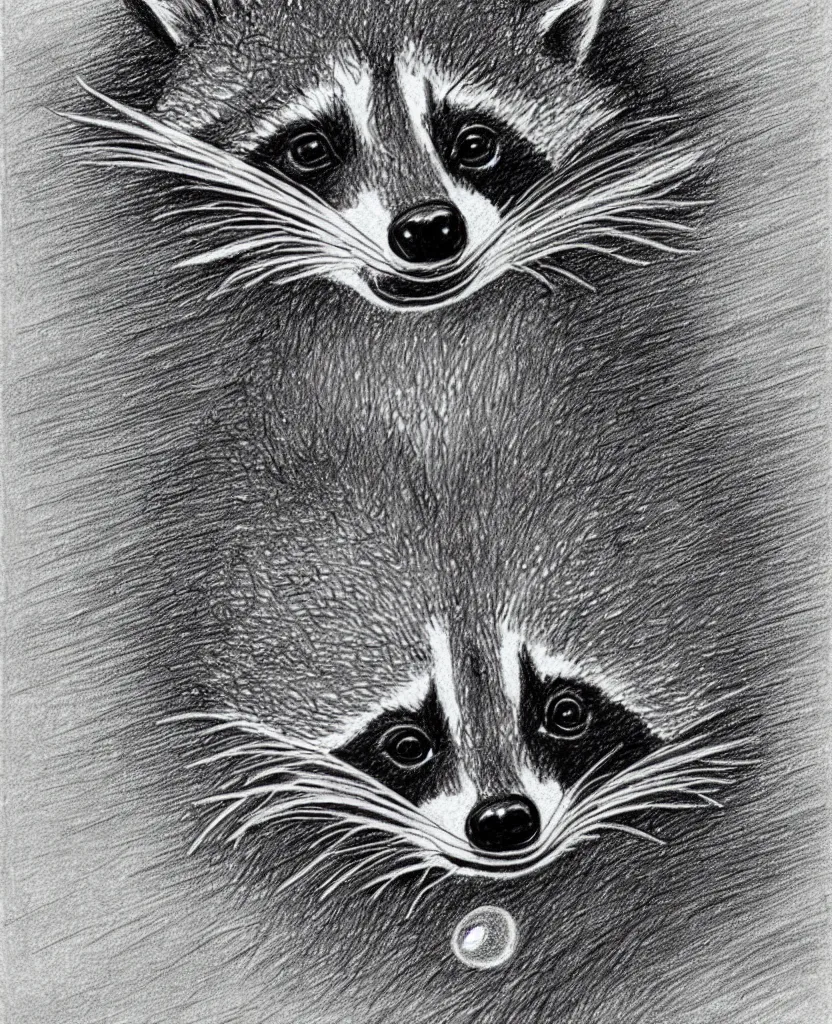 Image similar to detailed pencil sketch of a raccoon holding up and looking at a starfish, chris van allsburg