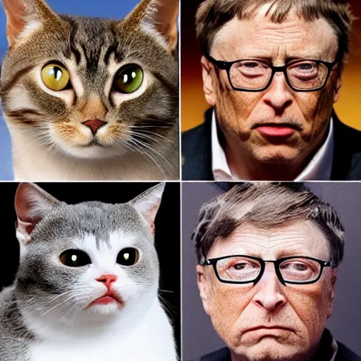 Prompt: Two Angry Cats, Grump Elon Musk Cat and Grumpy Bill Gates Cat, Cats with Humanlike faces, firm frown